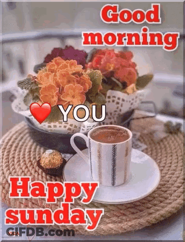 A Cup Of Coffee Is On A Saucer Next To A Bowl Of Flowers And A Heart . GIF
