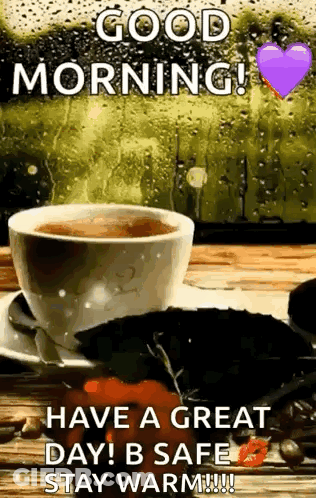 A Cup Of Coffee Is On A Saucer On A Table With A Purple Heart . GIF