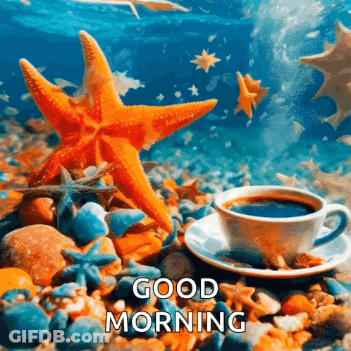 A Cup Of Coffee Is Sitting On A Saucer On A Rocky Beach Next To A Starfish . GIF