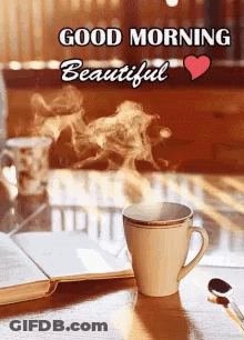 A Cup Of Coffee Is Sitting On A Table Next To A Book And A Spoon And Says Good Morning Beautiful GIF