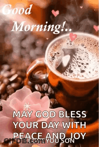 A Cup Of Coffee Is Sitting On Top Of A Pile Of Coffee Beans On A Table . GIF