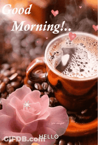 A Cup Of Coffee Is Surrounded By Coffee Beans And A Rose GIF