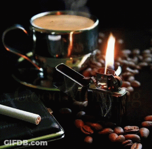A Cup Of Coffee Next To A Lighter And A Cigarette With The Words Good Morning On The Bottom GIF