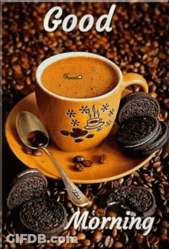A Cup Of Coffee On A Saucer Surrounded By Coffee Beans With The Words Good Morning Below It GIF