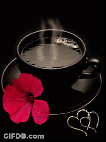 A Cup Of Coffee On A Saucer With A Flower And Two Hearts GIF