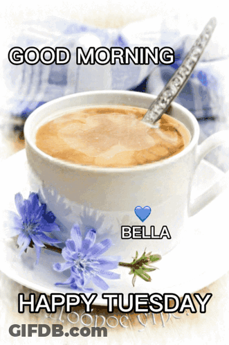 A Cup Of Coffee On A Saucer With Flowers And The Words " Good Morning Bella Happy Tuesday " GIF