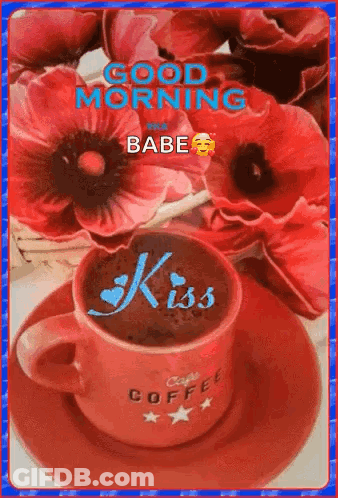 A Cup Of Coffee On A Saucer With Flowers In The Background And A Good Morning Message . GIF