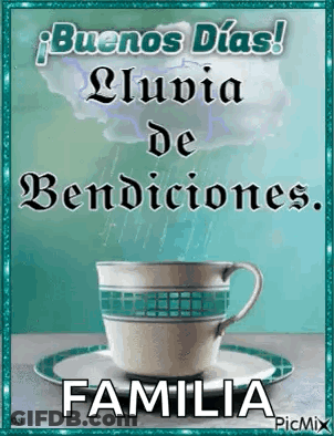 A Cup Of Coffee On A Saucer With The Words `` Buenos Dias ! Lluvia De Bendiciones . Familia '' GIF