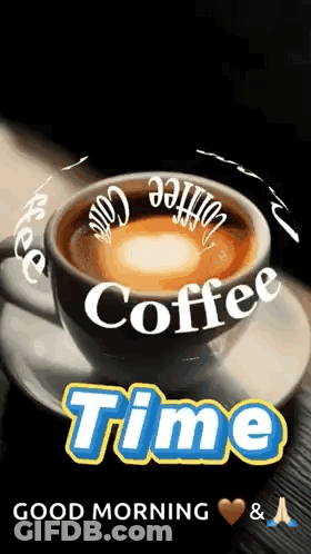 A Cup Of Coffee On A Saucer With The Words Coffee Time Written On It . GIF