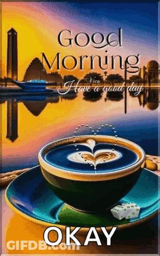 A Cup Of Coffee On A Saucer With The Words Good Morning I Have A Good Day Okay On The Bottom GIF