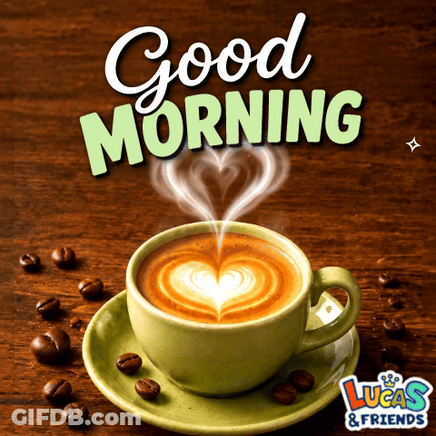 A Cup Of Coffee On A Saucer With The Words Good Morning Lucas & Friends Above It GIF