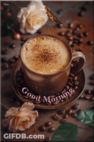 A Cup Of Coffee On A Saucer With The Words Good Morning On It GIF