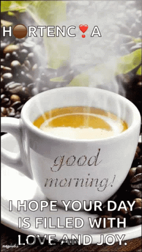 A Cup Of Coffee On A Saucer With The Words " Good Morning " On It GIF