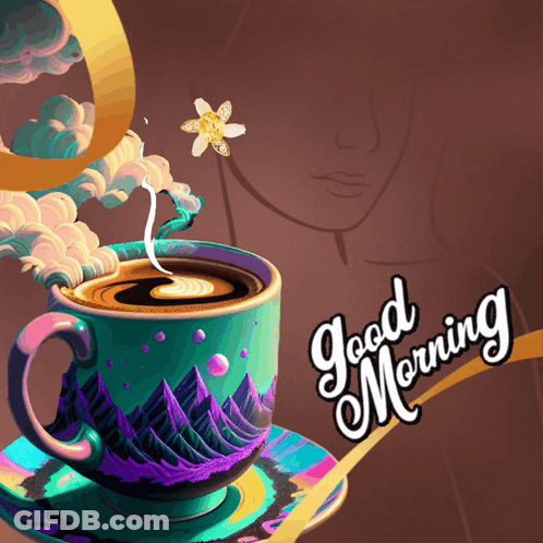 A Cup Of Coffee On A Saucer With The Words " Good Morning " On The Bottom GIF
