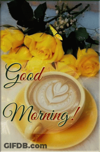 A Cup Of Coffee On A Saucer With The Words Good Morning Written Above It GIF