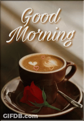 A Cup Of Coffee On A Saucer With The Words Good Morning Written On It GIF