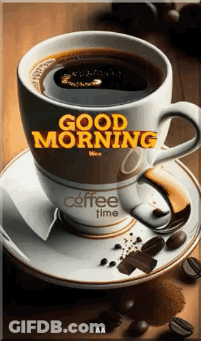 A Cup Of Coffee On A Saucer With The Words `` Good Morning '' Written On It GIF