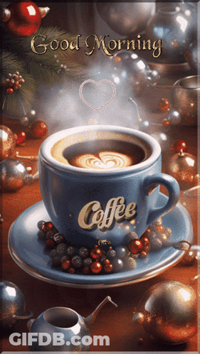 A Cup Of Coffee On A Saucer With The Words Good Morning Written On It GIF