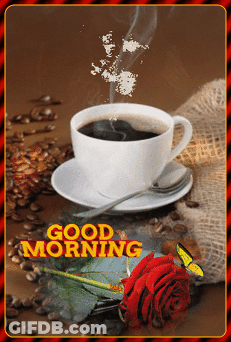 A Cup Of Coffee On A Saucer With The Words Good Morning Written On It GIF