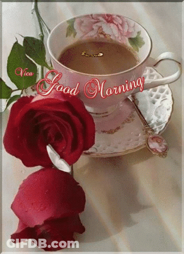 A Cup Of Coffee On A Saucer With The Words Good Morning Written On The Top GIF