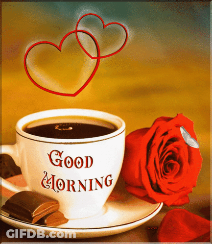 A Cup Of Coffee Says Good Morning Next To A Red Rose GIF