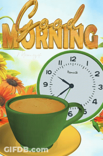 A Cup Of Coffee Sits Next To A Clock That Says " Good Morning " GIF
