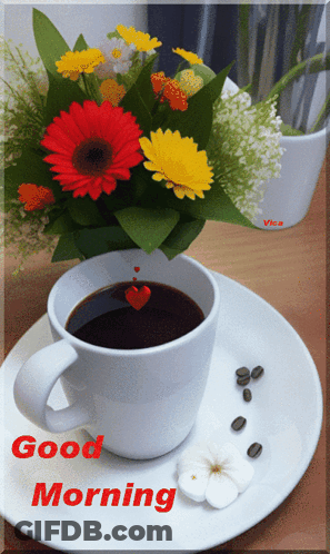 A Cup Of Coffee Sits On A Plate Next To A Vase Of Flowers GIF