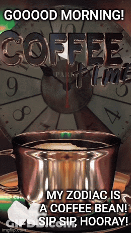 A Cup Of Coffee Sits On A Saucer In Front Of A Clock GIF