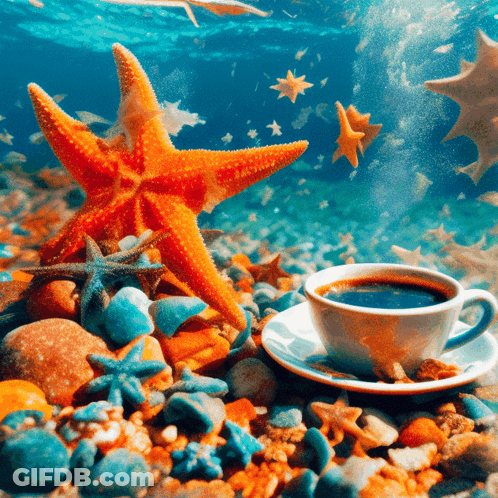 A Cup Of Coffee Sits On A Saucer In Front Of A Starfish GIF