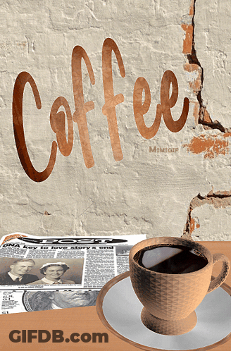 A Cup Of Coffee Sits On A Saucer In Front Of A Wall With The Word Coffee Written On It GIF