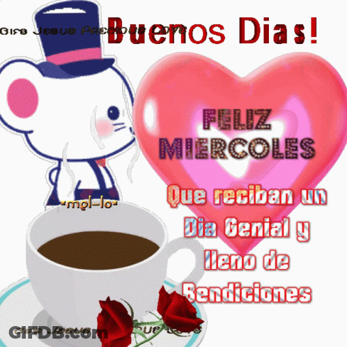 A Cup Of Coffee Sits On A Saucer Next To A Heart That Says " Feliz Miercoles " GIF