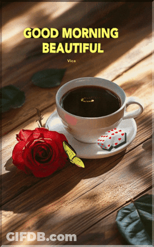 A Cup Of Coffee Sits On A Saucer Next To A Red Rose And A Butterfly And Says Good Morning Beautiful GIF