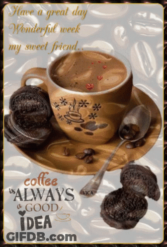 A Cup Of Coffee Sits On A Saucer Next To A Spoon And Cookies GIF