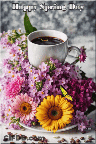 A Cup Of Coffee Sits On A Saucer Surrounded By Flowers GIF