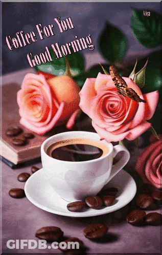A Cup Of Coffee Sits On A Saucer Surrounded By Roses And Coffee Beans GIF