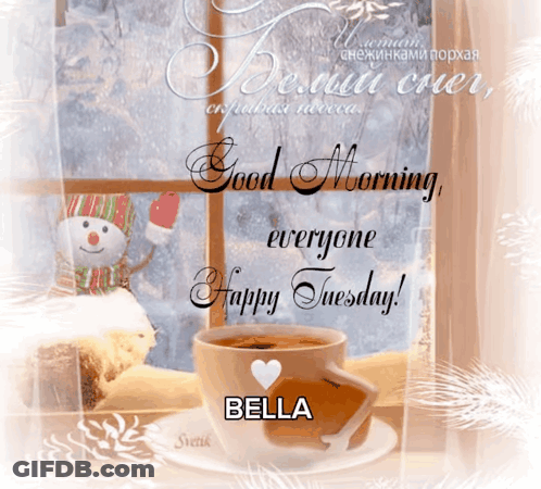 A Cup Of Coffee Sits On A Saucer With The Name Bella On It GIF