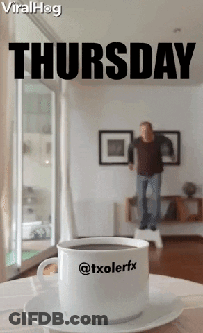 A Cup Of Coffee Sits On A Saucer With The Word Thursday Written Above It GIF