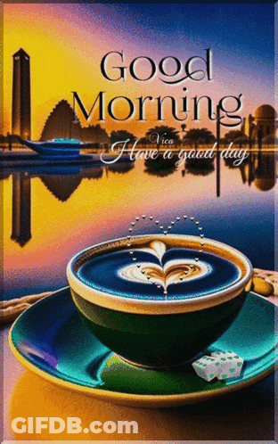 A Cup Of Coffee Sits On A Saucer With The Words Good Morning I Have A Good Day GIF