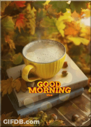 A Cup Of Coffee Sits On Top Of A Stack Of Books With The Words Good Morning Written On The Bottom GIF