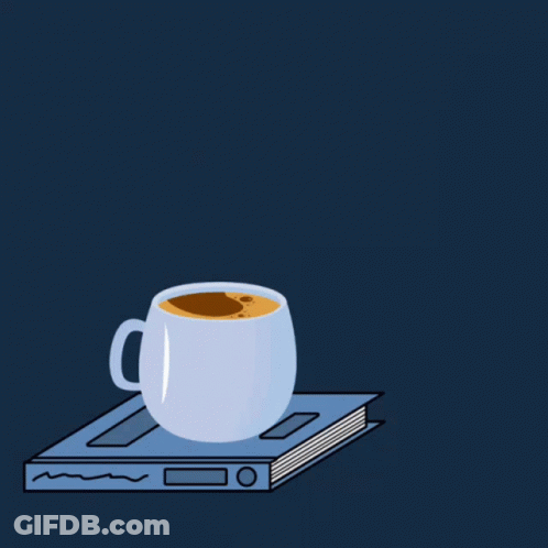 A Cup Of Coffee Sitting On Top Of A Book With The Words Good Morning Below It GIF