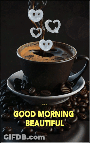 A Cup Of Coffee Surrounded By Coffee Beans With The Words Good Morning Beautiful GIF