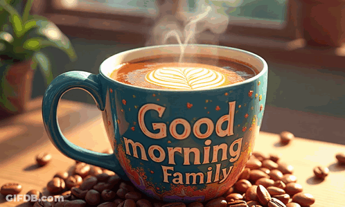 A Cup Of Coffee That Says " Good Morning Family " On It GIF
