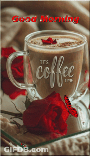 A Cup Of Coffee That Says It 'S Coffee Time On It GIF