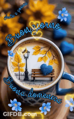 A Cup Of Coffee With A Bench And A Blue Heart On It GIF