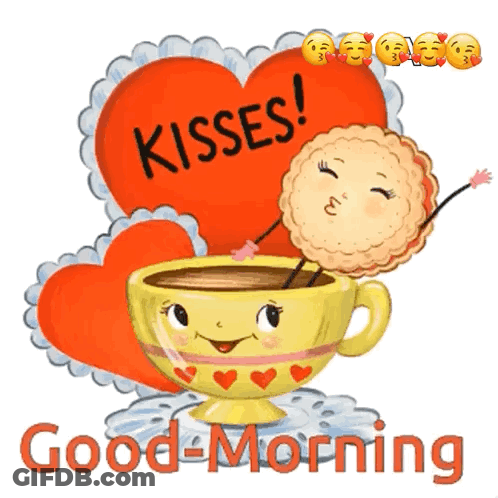 A Cup Of Coffee With A Cookie Sticking Its Tongue Out And A Heart That Says Kisses On It GIF