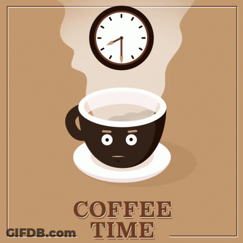 A Cup Of Coffee With A Face And A Clock Above It With The Words Coffee Time Below It GIF