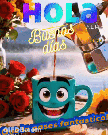 A Cup Of Coffee With A Face On It And The Words Hola Buenos Dias On It GIF