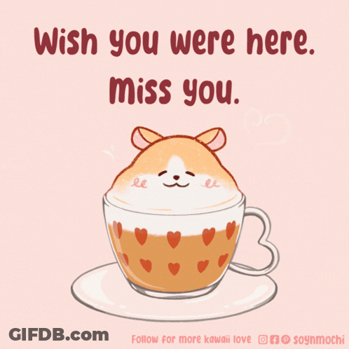 A Cup Of Coffee With A Hamster On Top And The Words Wish You Were Here Miss You Below It GIF