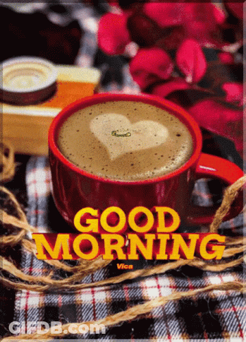 A Cup Of Coffee With A Heart In The Foam And The Words Good Morning Visible GIF