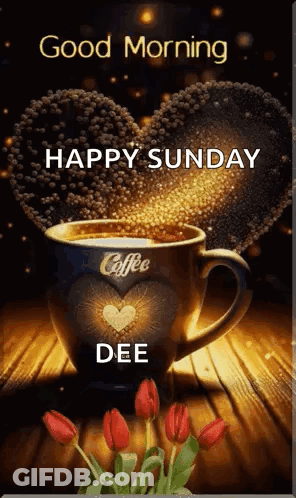 A Cup Of Coffee With A Heart On It Is Sitting On A Wooden Table . GIF